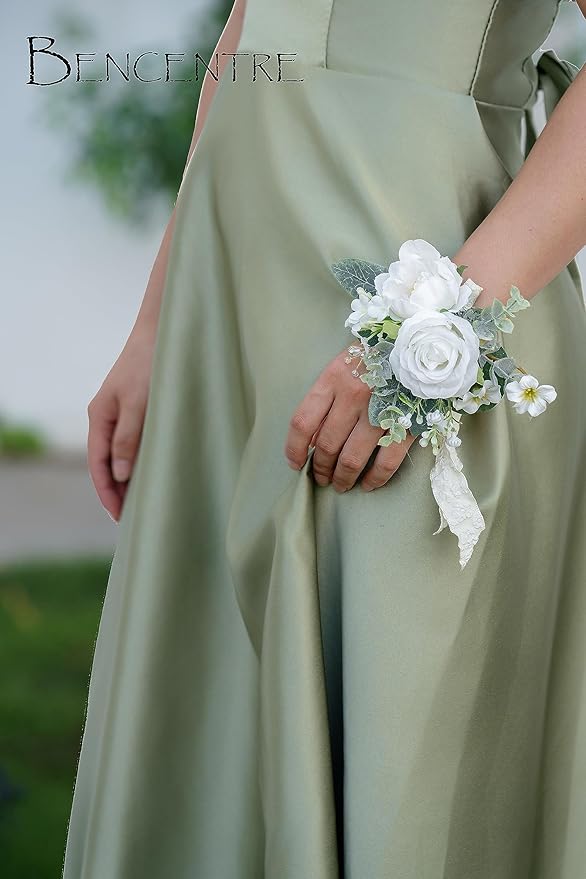 White Corsages for Wedding(Set of 6),Corsages for Prom,Party Prom Hand Flower Decor,Mother of The Bride Corsage,Bridesmaid Wrist Corsage