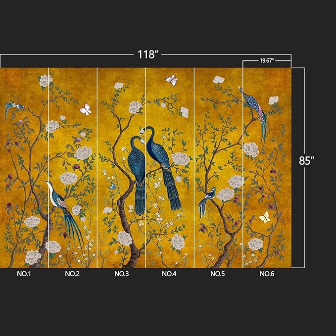 Golden Chinese Style Flowers Birds Large Wall murals Peel and Stick Wallpaper for Bedroom Living Room - 85"x118"