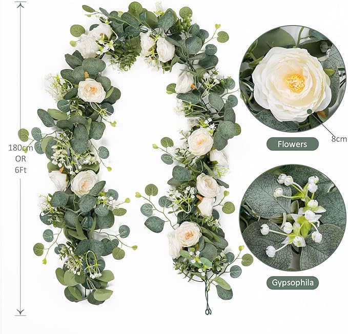 TOCHGREEN 2 Pack 13Ft Artificial Eucalyptus Flower Garland with White Roses, Fake Rose Flower Greenery Garland Floral Vines for Wedding Home Party Table Runner Decor (2PCS, White)