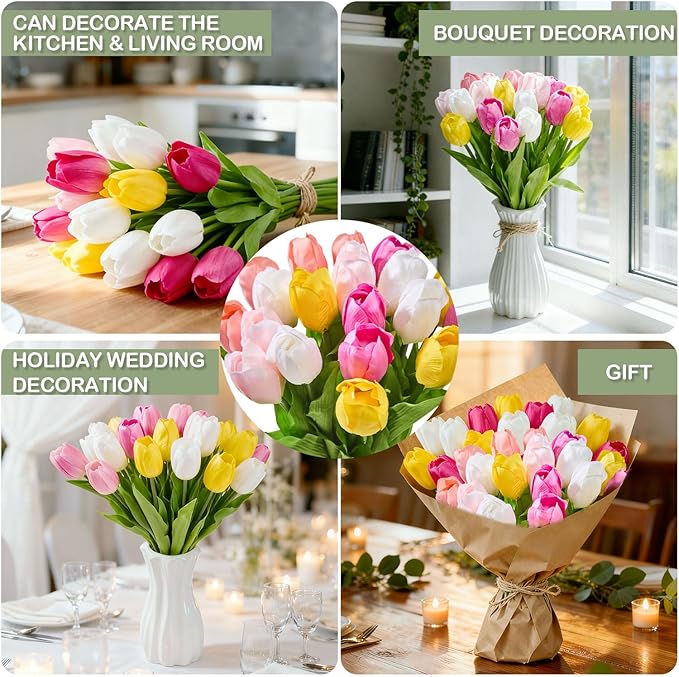 Artificial Flowers Mother's Day Easter Valentine's Day Gifts, Artificial Flowers Fake Tulips Flowers Home Kitchen Wedding Table Decorations a Bunch of 20 Multi Color Tulips