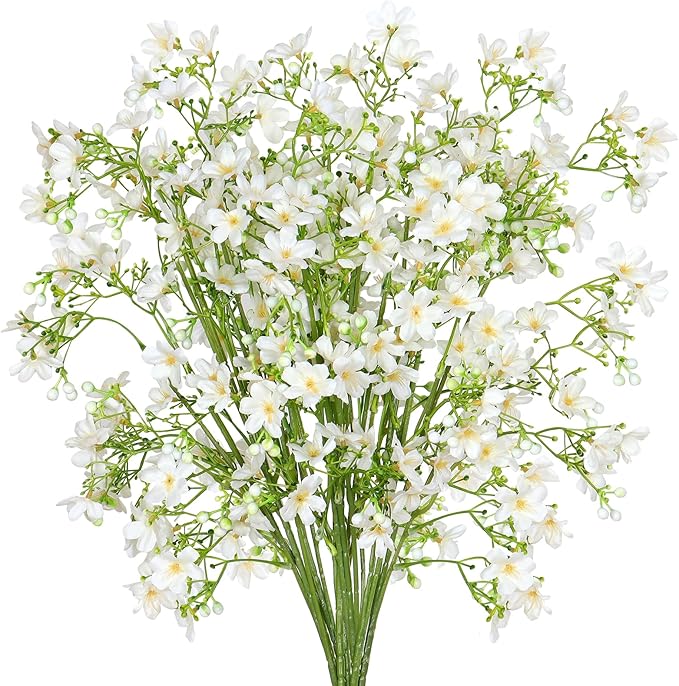 Artificial Flowers 8PCS Silk Flowers with Long Stems, Fake Flowers Bulk Fake Babys Breath, White Flowers for Tall Vase Outdoor Garden Wedding Party Home Table Centerpiece Winter