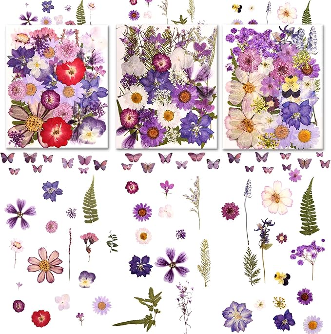 140 PCS Purple Real Pressed Dried Flowers and Leaves with Butterfly Stickers & Tweezers – Natural Dried Flowers for Resin, Candle, Jewelry, Scrapbooking & DIY Crafts (Purple 140)