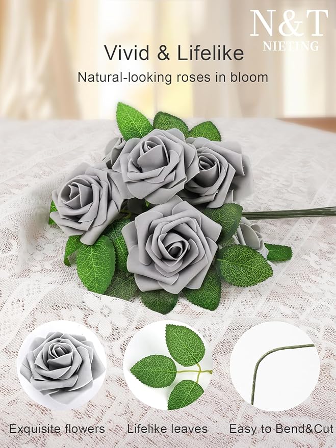 N&T NIETING Artificial Rose, 25pcs Gray Fake Foam Flowers with Stems for Wedding Party Baby Shower Cake Decoration, Home Display