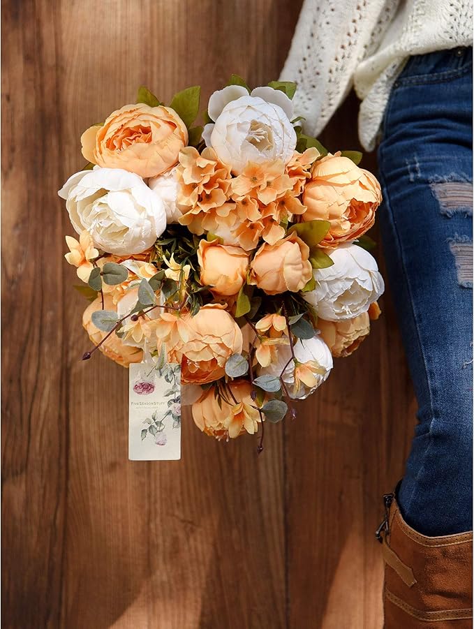 FiveSeasonStuff Vintage Artificial Peonies Silk Flowers and Hydrangeas for Wedding Bridal Home Décor – Beautiful Floral Centerpiece Arrangement Decoration with 2 Bouquets (Summer Breeze)