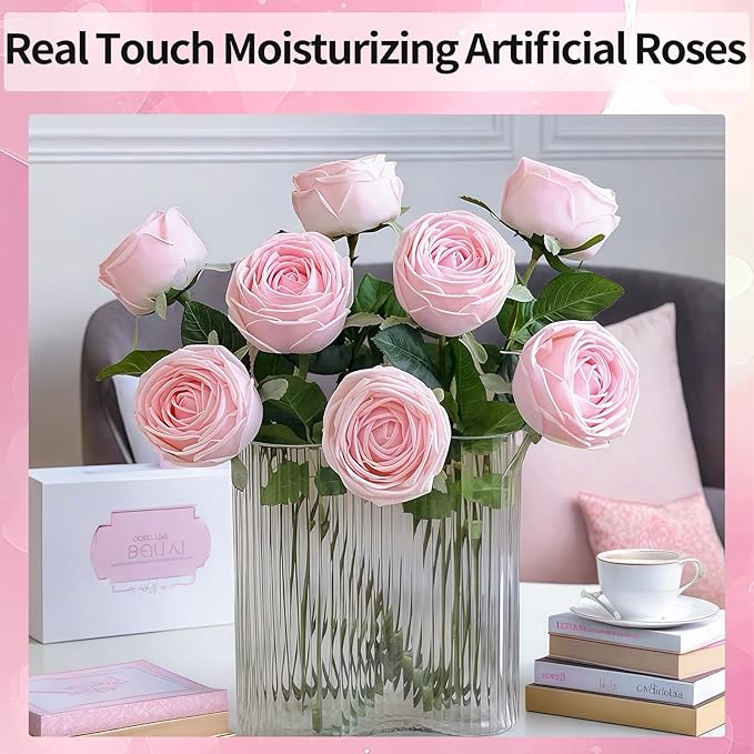 5Pcs Realistic Touch Artificial Roses - Moisturizing Faux Roses for Home Decor, Weddings, Parties, Gifting, Gardening & Floral Arrangements (Pink)