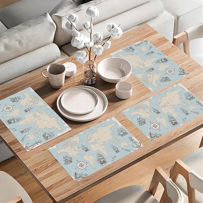 Vintage World Map Placemats Set of 4, Placemats for Dining Table,Heat Resistant Stain Resistant Wipeable Table Mats for Kitchen Dining Holiday Party Home Decor,12x18 Inch