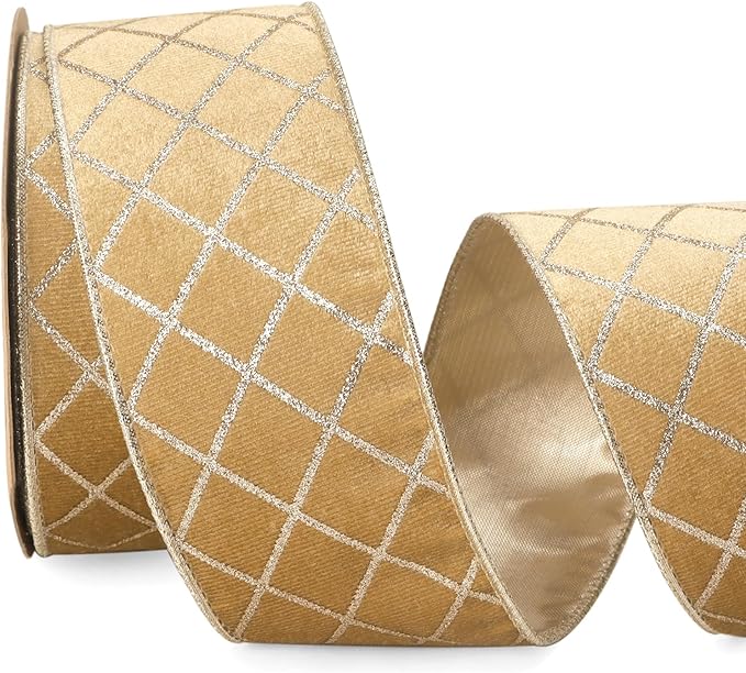 Ribbli Champagne Gold Velvet Ribbon Wired with Glitter Diamond Grid 2-1/2 Inch Christmas Ribbon for Christmas Tree Decoration Big Bow Gift Wrapping Crafts Wreaths Garland Supplies - 10 Yards