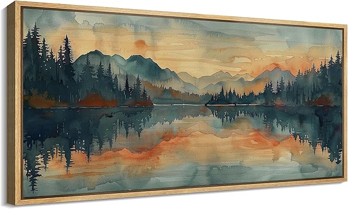 SIGNFORD Extra Large Framed Canvas Print Wall Art Peaceful Lake and Forest Illustrations Modern Art Calm Warm for Living Room, Bedroom, Office - 60"x30"