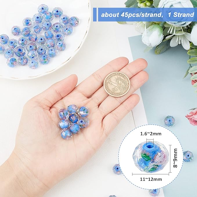PH PandaHall 45pcs 12mm Gold Sand Lampwork Beads Glass Handmade Round Loose Beads with Hole for Rosary Making Jewelry Craft Making - Cornflower Blue