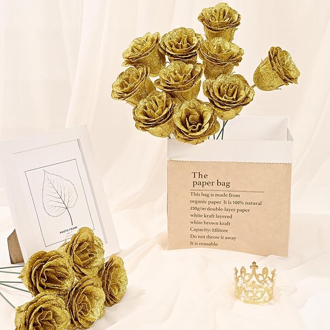 Waipfaru Glitter Roses Bouquet, DIY Fake Flowers Bouquet, Birthday Gifts for Women Mom, 24 Pcs Gold Rose for Grandma Wife Girlfriend Valentines, Mothers Day, Anniversary, Graduation