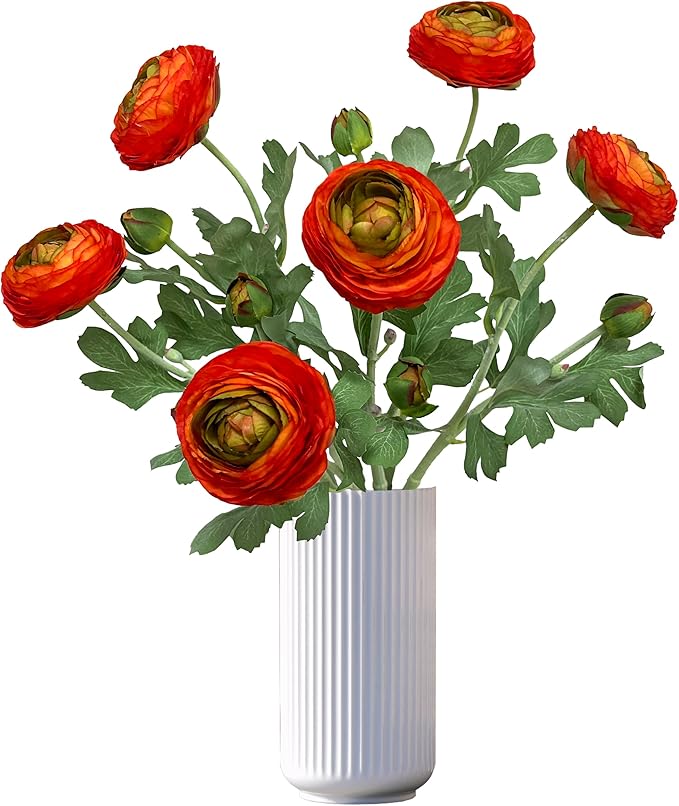 ATFL Orange red Ranunculus Artificial Flowers,6 Pcs Artificial Faux Silk Ranunculus Flowers with Real Touch Stems,Fake Peony Flowers for Floral Arrangements DIY Wedding Bouquet Party Table Home Decor