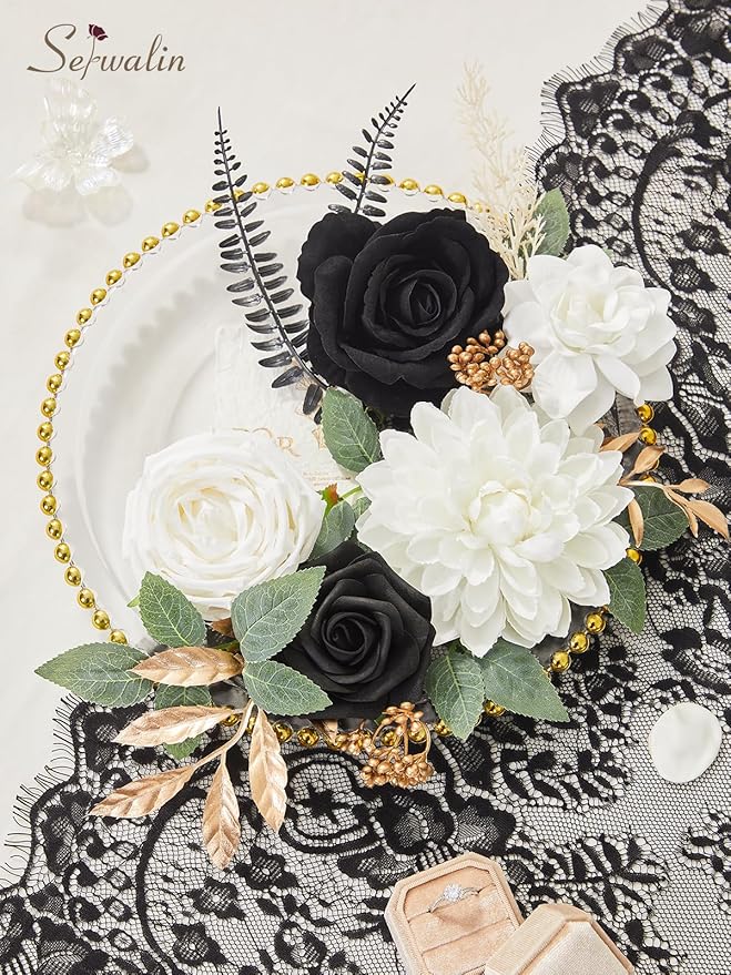 Serwalin Black Artificial Flowers, White Roses Silk Fake Flowers for DIY Wedding Bridal Bouquets, Wedding Cake Flowers for Table Centerpieces Baby Shower Birthday Party Home Decorations
