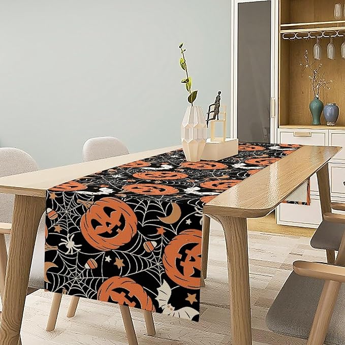 Bat Table Runner,Halloween Pumpkin Spider Web Table Runner for Home Kitchen Table Dining Garden Farmhouse Wedding Party Decor 13x90 Inch