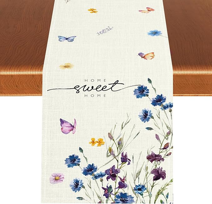 Blue Floral Table Runner, Spring Summer Watercolor Wildflower Butterfly Country Farmhouse Coffee Table Center Decor for Home Kitchen Dining Patio Holiday Party Table Decorations 13x108 inches