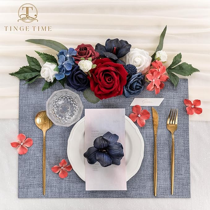 TINGE TIME Artificial Flowers Combo Mix Silk Flowers Navy Blue Roses w/stem for DIY Wedding Bridal Bouquets Baby Shower Floral Arrangement Table Centerpieces Home Decorations (Red & Navy Blue & White)