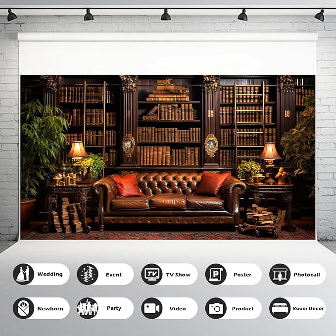 Vintage Luxury Library Bookshelf Backdrop School Library Bookshelf Collection Photography Background Home Office Sofa Business Conversation Room Retro Books Shelves Background Videos Prop 12x8ft