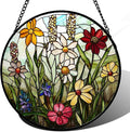 Stained Glass Window Hanging, Colorful Wildflowers Plant Scenery Suncatcher for Doors Window Home White Green Sun Catchers Decor Mother's Day Birthday Gifts for Women, Men Mom 9.8 in
