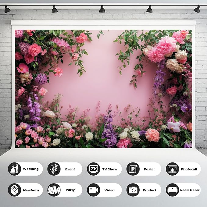 Flowers Photography Backdrop Colorful Flowers Composition Green Leaves on Pink Background for Girls Kids Children Wall Banner Cake Table Decoration Video Studio Photo Portrait Props 15x10ft