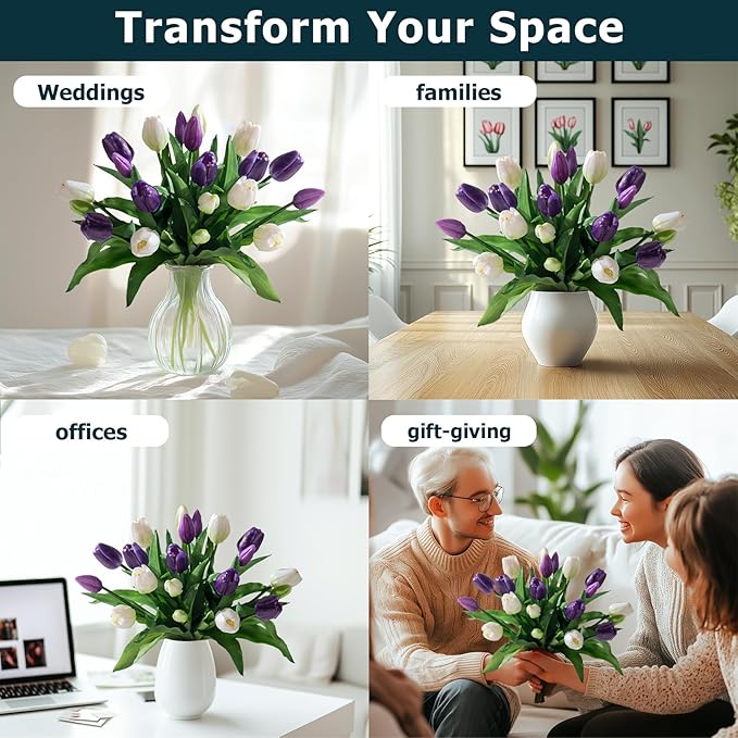 20PCS Fake Tulips Artificial Tulip Silk Flowers Fake PU Bouquet Artificial Flowers Faux Flowers with Gift Box Soft Faux Tulips Bouquets Arrangements for Party Wedding Home
