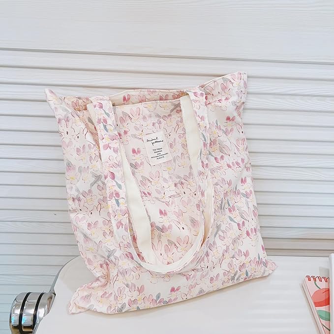 Cotton Canvas Tote Bag Reusable Soft Grocery Cloth Bag Floral Shoulder Bag for Beach Travel Shopping