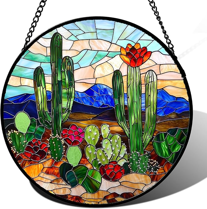 Stained Glass Window Hanging, Green Cactus Suncatcher for Doors Window Home Plant Landscape Sun Catchers Decoration Mother's Day Birthday Gifts for Women, Men, and Mom 7.8 in
