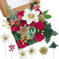 Jspupifip Christmas Artificial Flowers Combo Box Gold, Red, Green Fake Silk Roses Mix Dahlia Poinsettias for DIY Wedding Bridal Shower Boho Cake Decorations Floral Arrangements Centerpieces