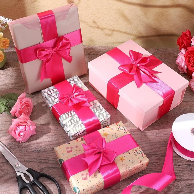 Hot Pink Ribbon 1-1/2 Inch 60 Yards Pink Christmas Decor Satin Ribbon for Flower Bouquet Gift Wrapping Bows Crafts Wedding Holiday Decorations