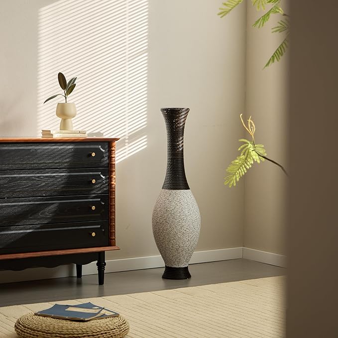 Large Hand-Woven PVC Rattan Look Floor Vase, 39.37 Inch Tall Home Decor Floor Vase for Fake Flower Dried, Farmhouse Decorative Flower Holder for Living Room, Bedroom, Dining Room, Entryway, Hallway