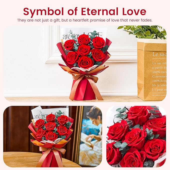 Mosstory Roses Bouquet 7-Piece Forever Flowers Bouquet Gift for Her Women Wife Mothers Anniversary Birthday Wedding (Red Roses)
