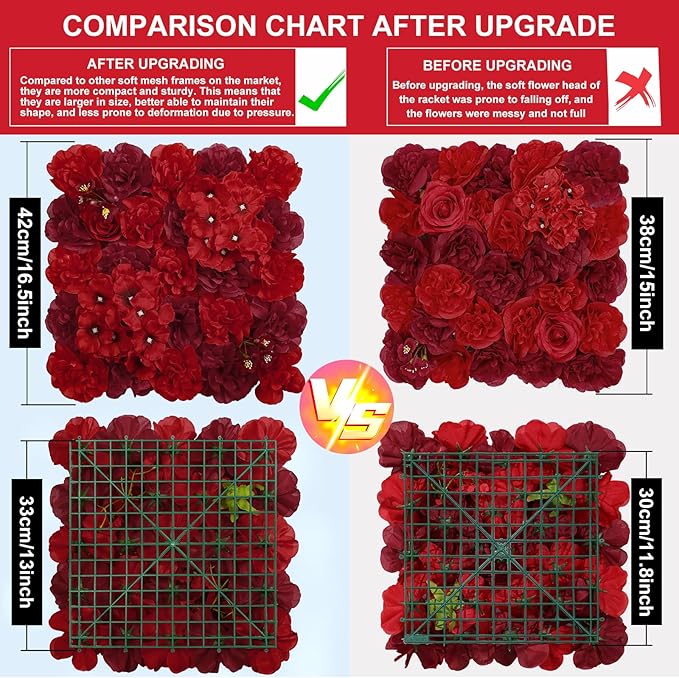 Artificial Flower Wall Backdrop 16pcs 16.5x16.5 Inch 3D Silk Rose Floral Wall Panel Ideal for Wedding Celebrations, Festive Party Birthday Backdrops and Elegant Home Decor-Red
