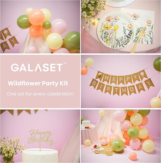 124 PCS Wildflower Party Decorations – Includes Wildflower Balloon Arch Kit, Pump, Banner, Paper Plates, Napkins, Bamboo Forks, and Wooden Cake Topper – Floral Birthday Decorations, Serves 20 Guests
