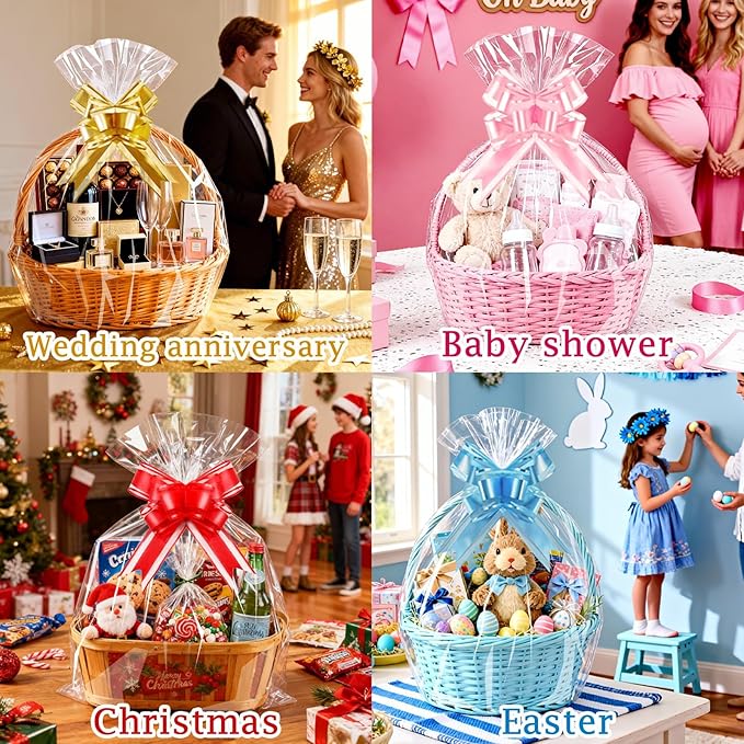 PigPotParty 24"x30" Clear Cellophane Gift Bags with Pink Bows – 10 Pack Large Cellophane Wrap for Gift Baskets, Plastic Gifts Bags for Baby Girl Shower, Birthday Party and Bridal Shower