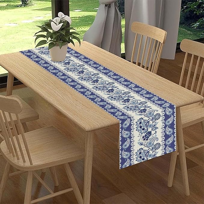 Blue Paisley Table Runner, Rustic Blue Bohemian Damask Exotic Flower Cafe Table Center Decor for Home Kitchen Dining Patio Holiday Party Indoor Outdoor Table Decorations 13x90 inch