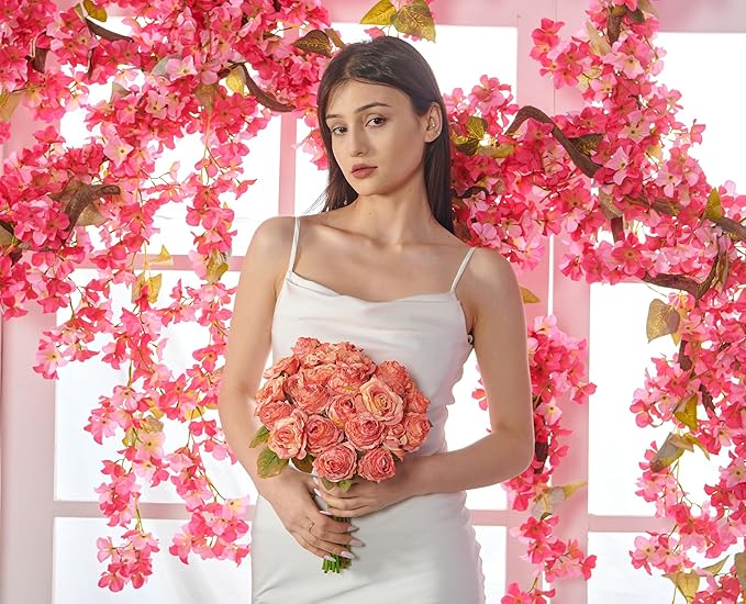 Rose Artificial Flower 28pcs Realistic Faux Silk Roses Fake Flowers Bouquets Arrangements Decor for Wedding Spring Mother's Day, Home Table Decorations, Orange Flower