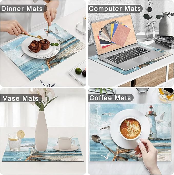 Lighthouse Seagull Placemats Set of 6 Washable Table Mats Ocean Nautical Coastal Heat-Resistant Cotton Linen Place Mats for Dining Table Kitchen Indoor Outdoor Party Holiday Decor