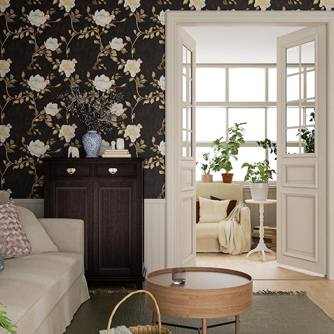 Black Golden Floral Peel and Stick Wallpaper Flowers Contact Paper 17.5"x118" Self Adhesive Waterproof Vintage Dark Floral Wall Paper for Shelf Liner Cabinet Decor