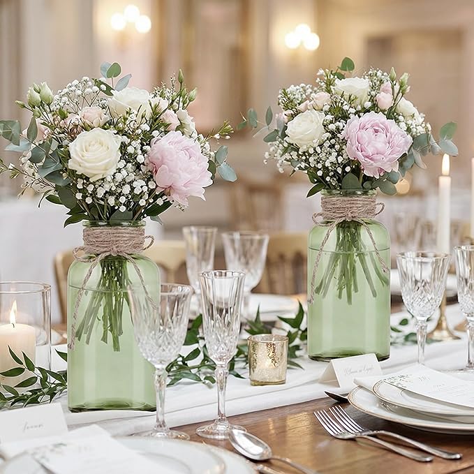 Vintage Glass Flower Vase，12 Pack Green Farmhouse Glass Centerpiece Vases Mason Jars for Weddings, Parties & Home Decor Bulk (12, Green)