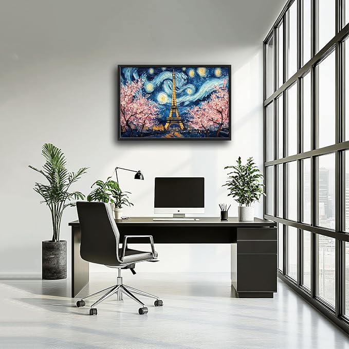 Eiffel Tower Large Wall Art Paris Cherry Blossom Pictures Wall Decor Landmark Landscape Canvas Starry Sky Print Painting Modern Artwork Home Decoration for Living Room Bathroom Bedroom Office Framed 24"x36"