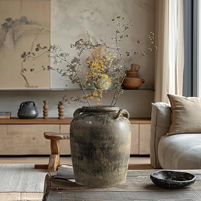 LuxenHome Vintage Ceramic Flower Vase,15''Tall Farmhouse Jug Brown Large Vases for Room Decor,Rustic Terracotta Vase Entry Way Table Home Decor Living Room Home Décor Accents