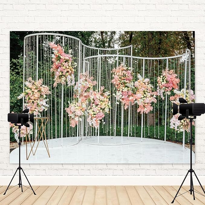 15x8ft Pink Floral Backdrop Green Leaves White Flowers Romantic Wedding Photography Background Natural Theme Birthday Banner Decorations Newborn Baby Shower Portrait Photo Booth Prop