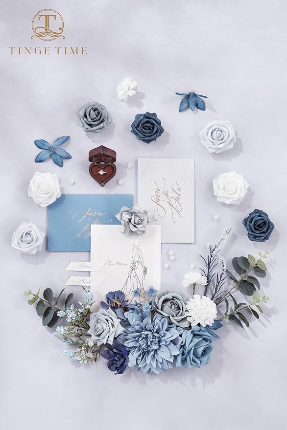 TINGE TIME Artificial Flowers Dusty Blue Flower Combo for DIY Wedding Bouquets Table Centerpieces Arrangements Party Baby Shower Home Decorations