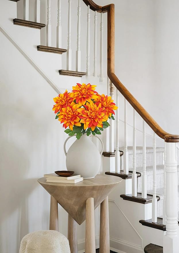 Hollyone Orange Artificial Dahlia Flowers Bush Fake Fall Flowers Artificial for Decoration Outdoor Indoor 7 Heads Silk Faux Dahlias Flower Bouquets Arrangements Centerpieces Fall Decorations for Home