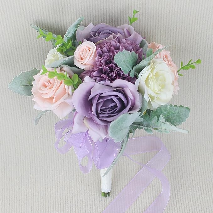Rinlong 9" Wedding Bouquet for Bride Bridal Bridesmaid Artificial Flowers Pastel Purple Silk Tossing Wedding Prom Bouqeut