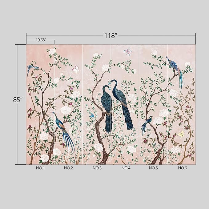 Pink Chinese Style Flowers Birds Wallpaper Peel and Stick Wall Mural for Bedroom Living Room - 85"x118"