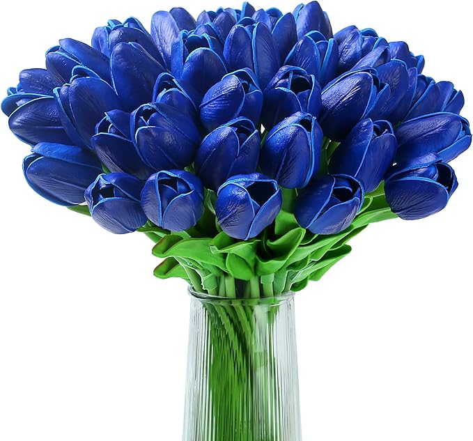 20pcs Blue Tulips Artificial Flowers Fake Silk Tulips Real Touch Flowers for Spring Kitchen Wedding Home Decor Arrangements Easter Decor 14 Inch