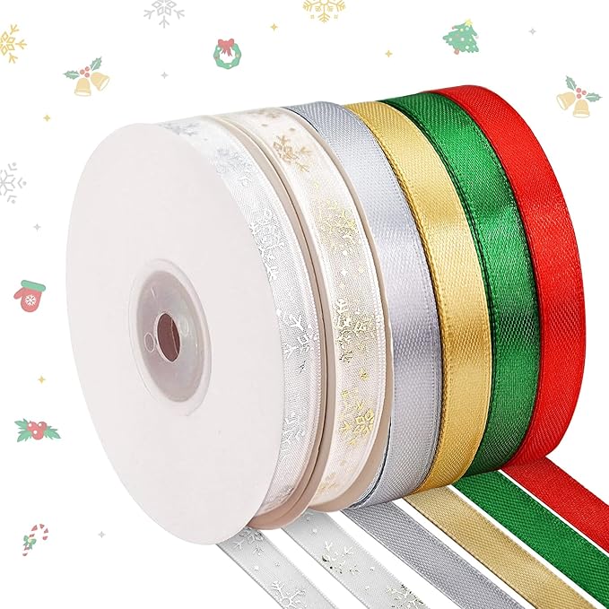 6 Rolls Snowflake Wrapping Ribbon 3/8 Inch x 150 Yards Glitter Fabric Holiday Festival Satin Ribbons for Wrapping Decoration Floral Bows Craft(Snowflake)