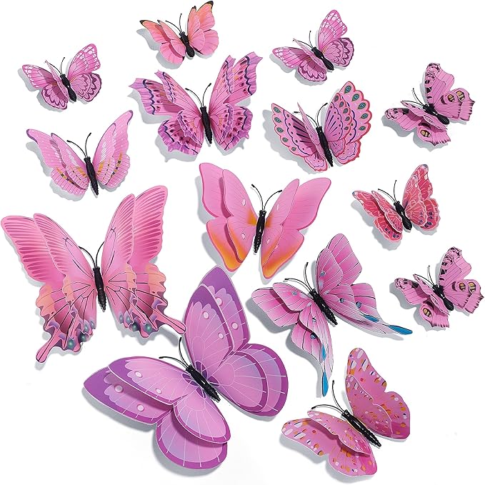SAOROPEB 3D Butterfly Wall Decor, 48 Pcs Double Layer Butterfly Decorations for Party Decorations Locker Decor Refrigerator Decal, Reusable (Pink)