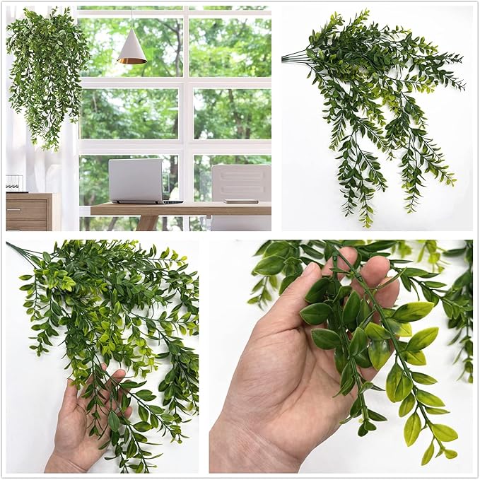 Artificial Hanging Vine Plants, Plastic Leaves Vines Fake Ivy Plant UV Resistant Greenery Faux Foliage Flowers Decor Home Indoor Outdoor Garden Door Wall Wedding Party Decoration Green 4 Pack