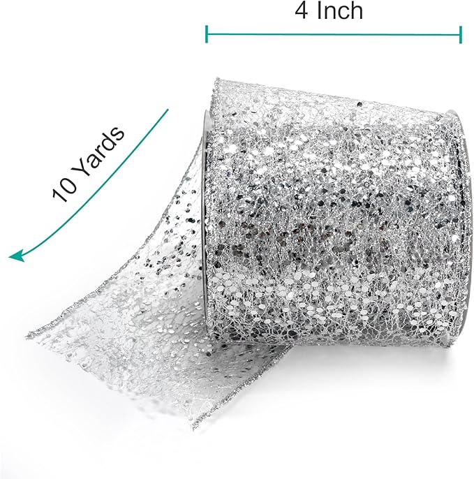 CT CRAFT LLC Sparkling Glitter Mesh Wired Ribbon 4" x 10 Yards Silver for Christmas Home Decor Bow Gift Wrapping DIY Crafts Wreath