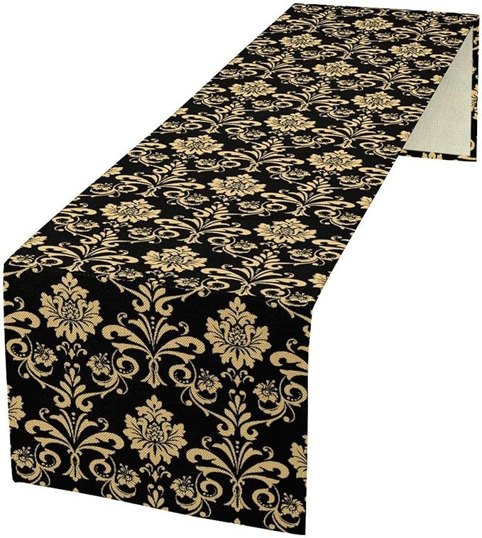 Gold Damask Table Runner,Gothic Antique Victorian Floral Boho Table Runner for Home Kitchen Table Dining Garden Farmhouse Wedding Party Decor 13x120 Inch